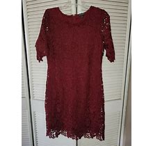 Nina Leonard Women Lace Jewel Neck Red Sheath Dress Short Sleeve Size Large