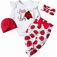 Tyesmo Infant Newborn Baby Girl Clothes Set White Ruffle Long-Sleeve Top + Pants + Headband + Hat 4Pcs 0-6m Baby Clothes