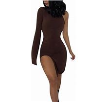 Haxmnou Casual Dresses For Women One Shoulder Long Sleeve Tight Side Slit Party Dresses Clubwear Holiday Party Dress Brown M