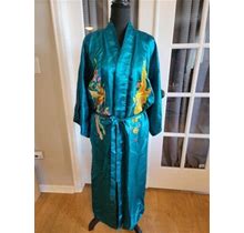 Vintage Esme 100% Silk Robe Beautiful Bright Embroidery Size Med Teal