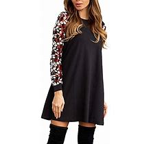 Simple Flavor Women's Casual Mesh Sheer Long Sleeve Round Neck Shift Tunic Dress With Pocket(3186HS,M) Black