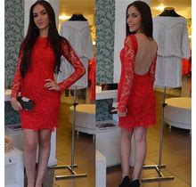 Red Long Sleeve Lace Knee Length Sheath Cocktail Dress With Sheer Back