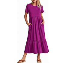 ANRABESS Women's Summer Casual Short Sleeve Crewneck Swing Dress Flowy Tiered Maxi Beach Dress With Pockets