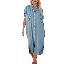 Denim Dress For Women Button Down Midi Dresses Short Sleeve Sundresses Solid Color Long Shirt Dresses Summer Beach Dress