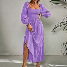 Kscykkkd Dresses For Women Plus Size Female Clearance A-Line Solid Scoop Neck Long Sleeve Ankle Length High Waist Maxi Dresses Purple L