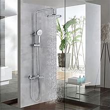 Chrome Thermostatic Shower Faucet Set, Wall Mounted Shower Combo With 8'' Rain Shower Head And Handshower, Height Adjustable