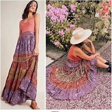 Anthropologie Dresses | Anthropologie Colima Boho Tiered Snake Print Maxi Dress Size M Petite | Color: Orange/Purple | Size: M