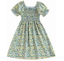 Kiapeise Toddler Girls Sweet Dress, Kid Short Sleeve Ruched High Waist Flared Hem Floral Print Dresses