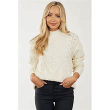 Women's Ivory Pearl Beaded Cable Knit Sweater - Size S