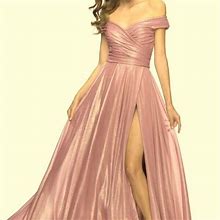 La Femme Dresses | La Femme Pink Metallic Iridescent Off The Shoulder Chiffon Gown | Color: Pink | Size: 18