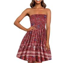 Ussuma Sleeveless Off Shoulder Mini Summer Dresses For Women 2022 Floral Print Swing Sundresses For Women Beach Bohemian Knee Length Flowy Pleated Plu