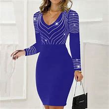 Vkekieo Boho Dress For Women Sun Dress V-Neck Long Sleeve Solid Blue S