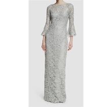 $940 Teri Jon Women's Silver Bell-Sleeve Floral Lace Column Gown Dress Size 2