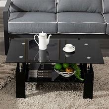 Black Modern Side Coffee Table Glass Top Living Room Furniture Rectangle Shelf - New Home