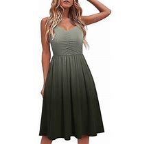 Dress For Women Summer V Neck Sleeveless Spaghetti Strap Print Short Sun Dress Casual Loose Ladies Flowy Midi Dress (Large, Green)