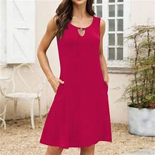Linmoua Summer Dresses For Women 2024 Casual Loose Swing Sleeveless V-Neck Sundress Solid Color Beach Dress With Pockets Hot Pink M