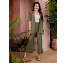 Solid Color Notched Collar Single Breasted Suit Jacket And Flare Pants Set,S