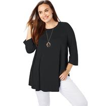 Plus Size Women's Stretch Knit Swing Tunic By Jessica London In Black (Size 12) Long Loose 3/4 Sleeve Shirt