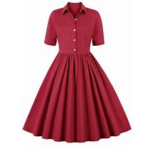 Womens Lapel Vintage V-Neck Cocktail Pleated Swing Dress 50S 60S Button Up 1950S Rockabilly Prom Midi Evening Dress