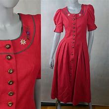 Red Linen Dress, 90S German Vintage Trachten Cottagecore Embroidered Dress: Size 8 US, 12 UK