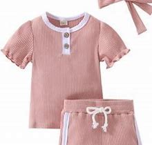 Thefound Baby Girl Summer Clothes Infant Rib Knit Shorts Set Solid T Shirt Top Drawstring Shorts Toddler Summer Outfits