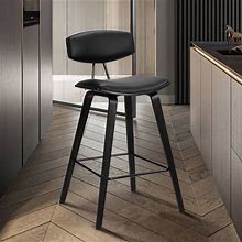 28.5" Fox Mid-Century Bar Height Barstool Faux Leather With Brushed Wood Black/Black - Armen Living