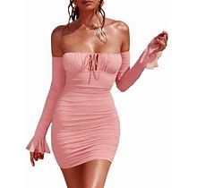 Musuos Women's Bodycon Dress, Off Shoulder Flare Long Sleeve Solid Color Ruched Autumn Dresses, Xs/S/M/L