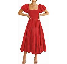 Murimia Womens 2024 Summer Maxi Dress Square Neck Puff Sleeve Smocked Boho Beach Long Dresses
