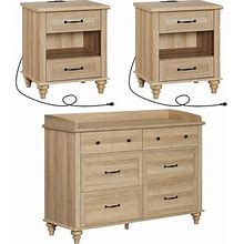 WAMPAT 3 Piece Dresser And Nightstand Sets, Light Wood Dresser & Chest Of Drawers With 6 Drawers & Metal Handle, Set Of 2 Nightstands Side Table With