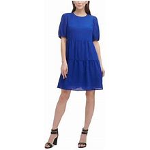 Dkny Womens Blue Textured Sheer Lined Short Sleeve Jewel Neck Short Evening Shift Dress 2