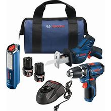 BOSCH Power Tools Combo Kit GXL12V-310B22 - 12V Max 3-Tool Set With 3/8 in. Drill/Driver, Pocket Reciprocating Saw And LED Worklight,Black/Blue