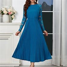 Solid Color Contrast Lace Dress, Women's Long Sleeve Elegant Dress Women's Clothing Pleated Dress,Peacock Blue,Must-Have,Temu