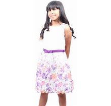 Girls Story - White With Colorful Embroidered Flowers With Waist Tie Knee High Girls Dress - 14 / White