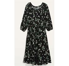 NEW Old Navy Long Sleeve Floral Swing Dress Black Green Tiered Midi Dress XS