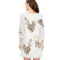 Noctflos Women Summer Cold Shoulder White Floral Casual Shift Dress 34 Sleeve Loose Tunic Dress, Small