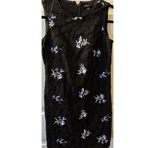 Ann Taylor Dress 0 Petite Black With Blue Floral Embroidery