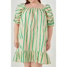 English Factory Plus Size Stripe Babydoll Dress - Beige/Green