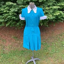 Vintage Green Teal 80S Dress S M 1980S White Drop Waist Pleated Collar