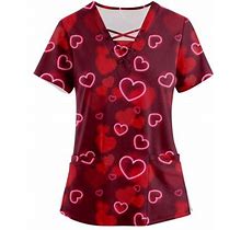 Rpvati Valentines Maternity Scrubs For Women Petite V Neck Working Nurse Uniform Dresses Love Heart Printed Short Sleeve Scrub Tops Loose With Pockets