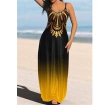 Rotita Women's Yellow Summer Maxi Dress Ombre Spaghetti Strap Maxi Dress - Small