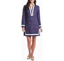 Womens Embroidered Tunic Dress Navy Linen With Lobster