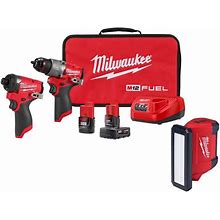 M12 FUEL 12-Volt Lithium-Ion Brushless Cordless Hammer Drill And Impact Driver Combo Kit W/M12 ROVER Service Light