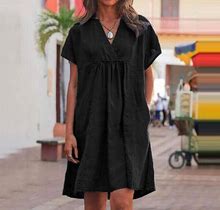 Summer Savings Clearance 2024! Tagold Womens Summer Tops Fashion Cotton And Linen V-Neck Loose Short Sleeve Solid Mini Dress Black L