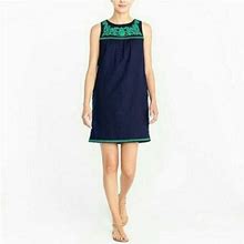 J. Crew Dresses | J.Crew Linen Embroidered Tank Dress Sz M Navy Blue Green Sleeveless Preppy Shift | Color: Blue/Green | Size: M