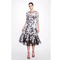MARCHESA Cascading Floral Embroidered Illusion Tulle Midi Dress Black
