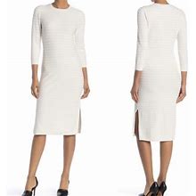 Theory Delissa Sweater Dress White Ivory Midi Textured Stripe Knit Sz