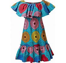 Hongyuamy Women African Off Shoulder Dresses Ankara Floral Print Ruffle Sleeve Midi Dress