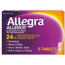Allegra Adult 24Hr Tablet, Allergy Relief, Non-Drowsy, 5 Count, 180 Mg