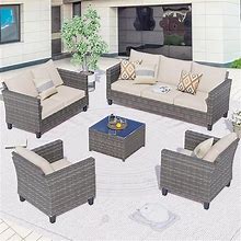 Ovios Patio Furniture Sets 5 Piece Outdoor Sofa Couch With Loveseat Glass Table All Weather Wicker Rattan Sectional Sofa Conversation Set For Yard, P