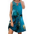 Xiaquj Summer Dresses For Women Casual Trendy Boho Floral Print Cover Up Crew Neck Sleeveless Dresses For Women 2024 Blue L